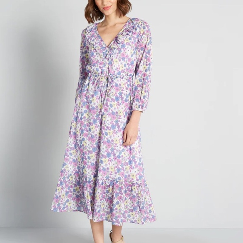 Modcloth Floral Midi Dress in Purple and Yellow